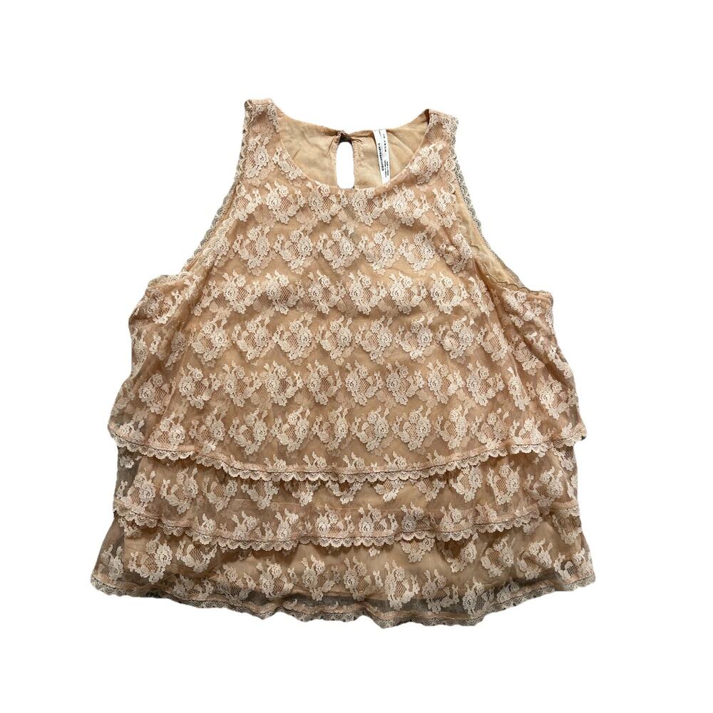 Anthropologie Women’s US 10 Tiered Lace Blouse Top Peach Sleeveless Ruffle - Picture 2 of 9